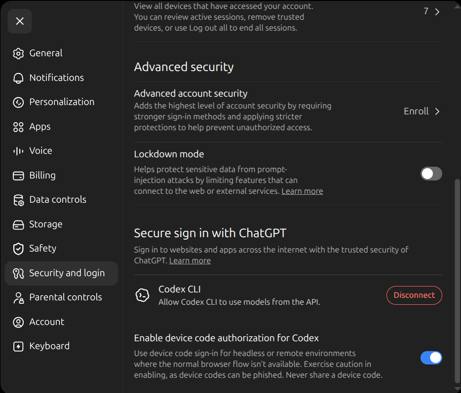 ChatGPT Settings → Security and login, showing the "Enable device code authorization for Codex" toggle switched on